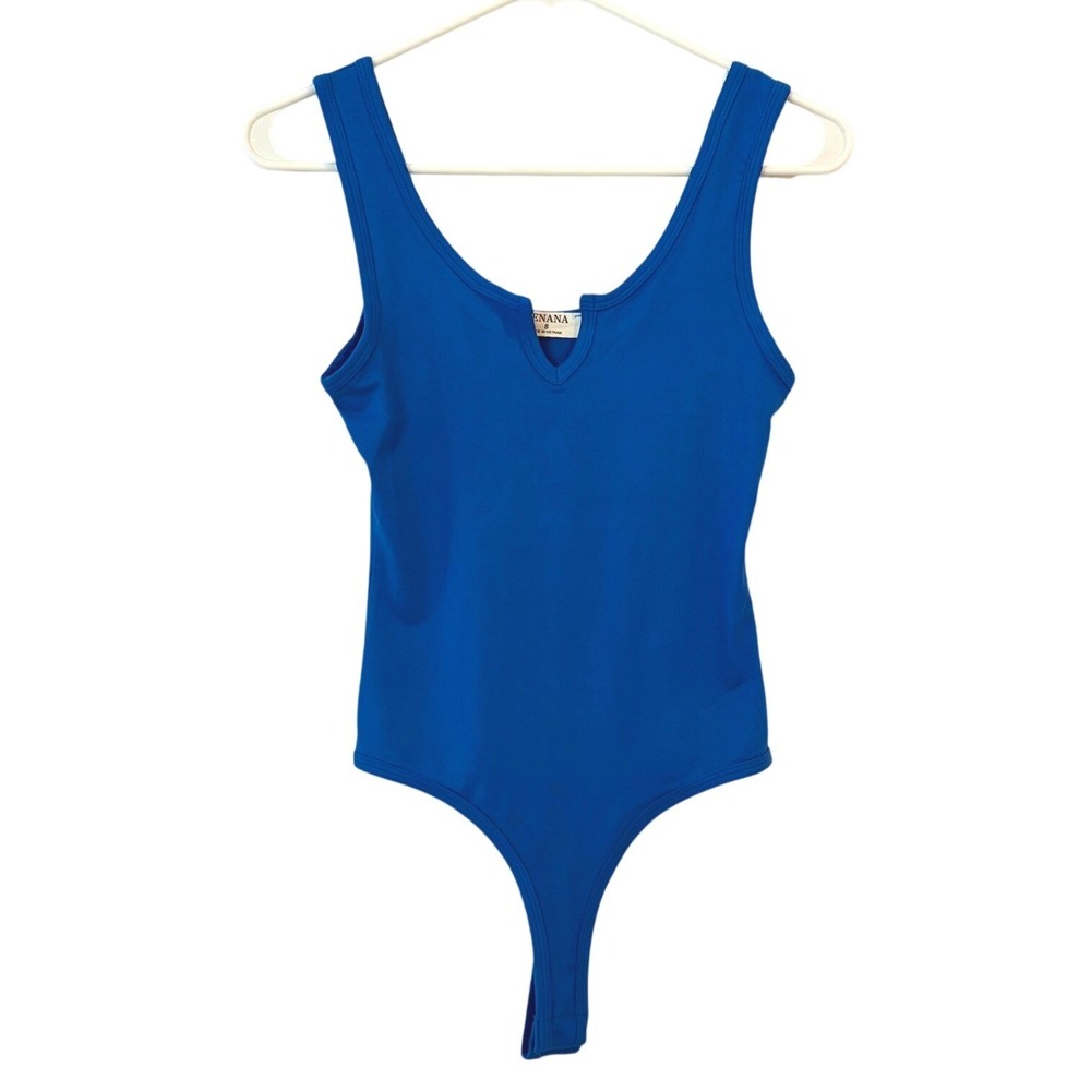 Zenana Royal Blue Sleeveless Notched V-Neck Thong Bodysuit SMALL